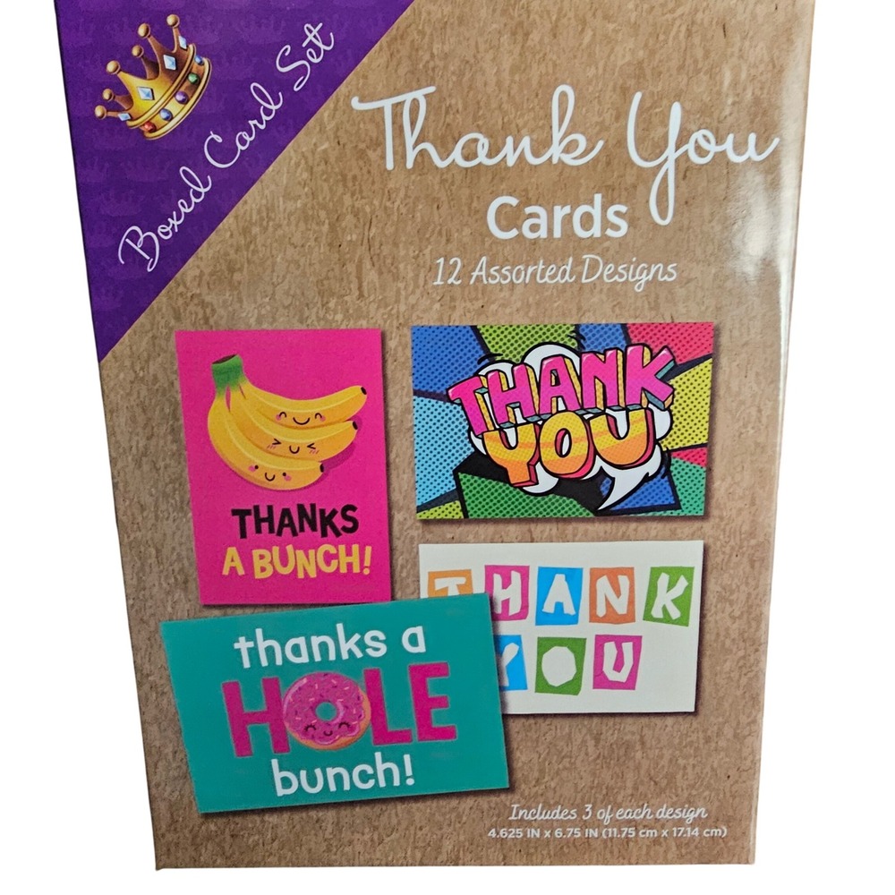 Boxed Thank You Card Set 12 Count 4 Assorted Designs Punny Pop Art Bananas Donut